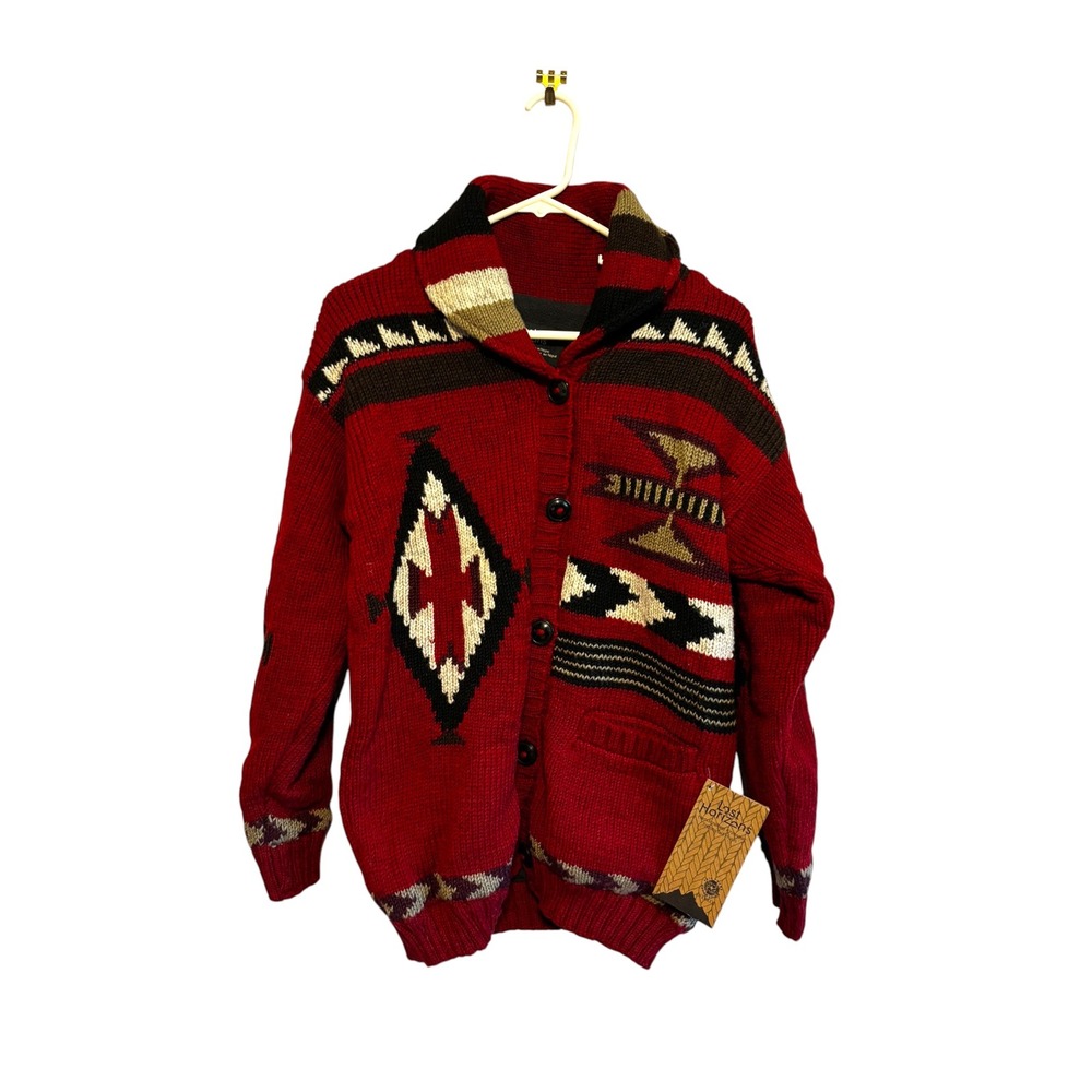 Lost Horizons Wool Cardigan Sweater Red Southwestern Fleece Lined Fair Trade XS
